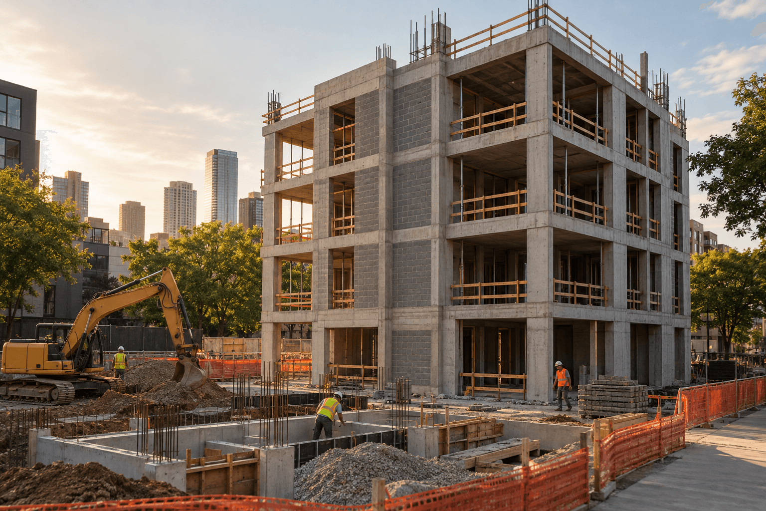 Urban multifamily construction project at the concrete and masonry stage