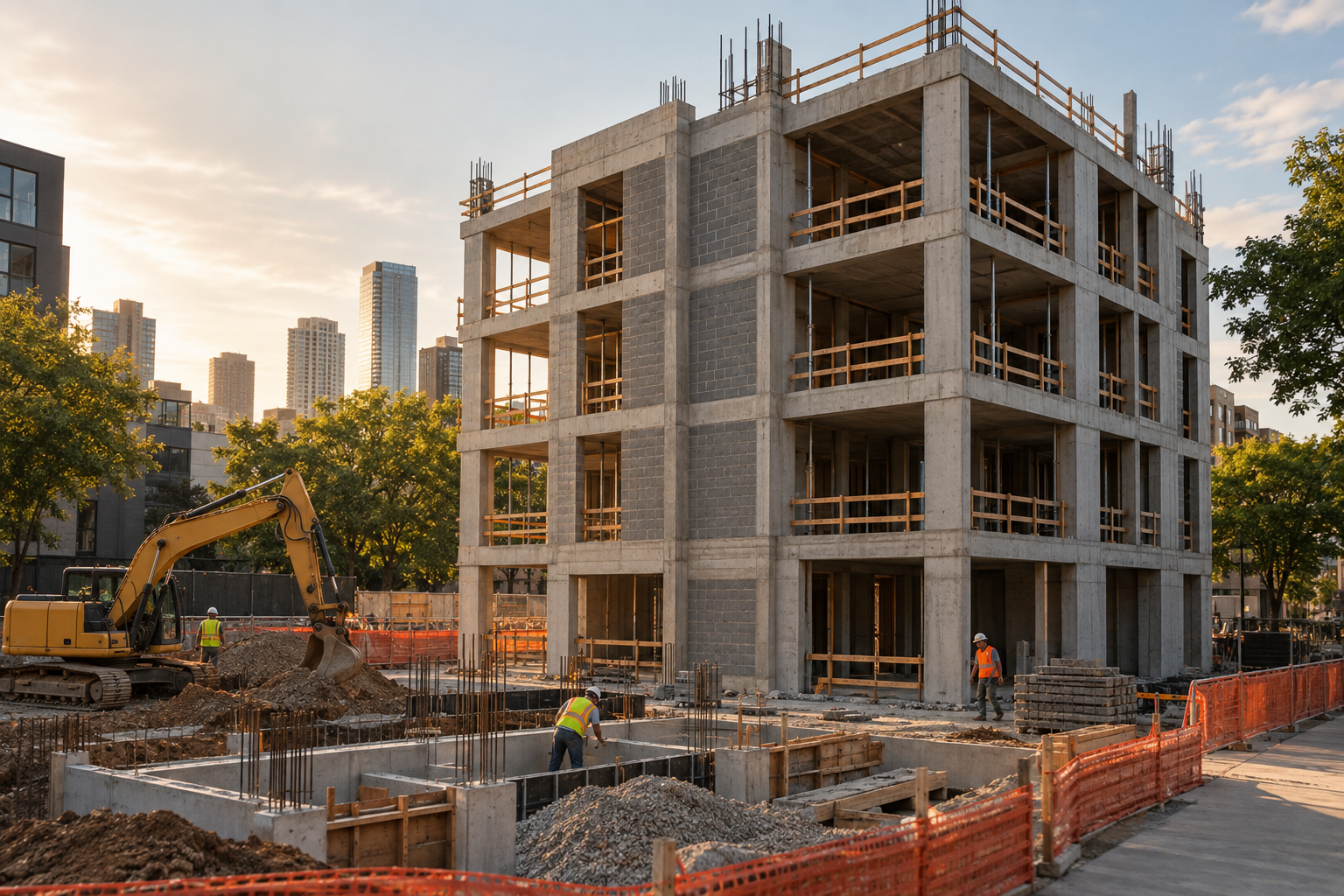 Urban multifamily construction project at the concrete and masonry stage